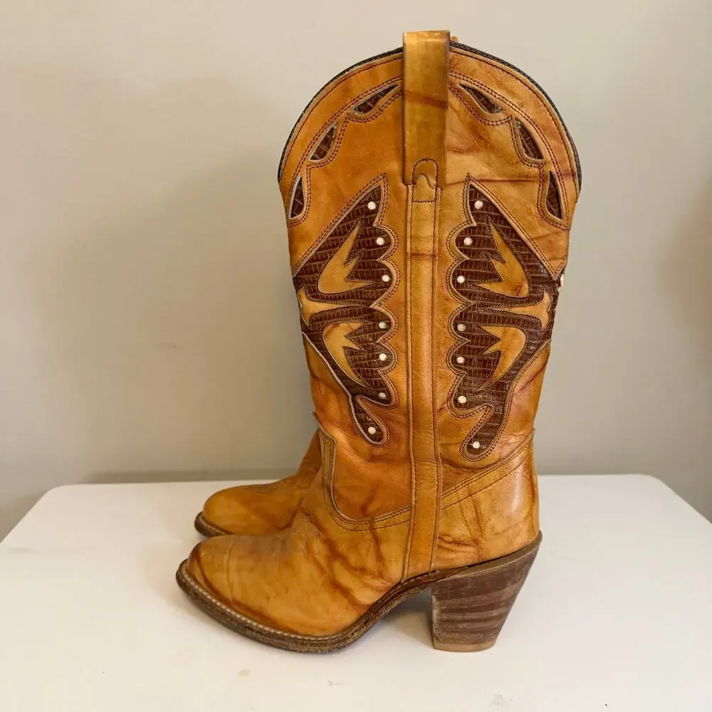 Miss Capezio Vintage Leather Inlay Western Cowboy Boots 8M Brown Festival USA